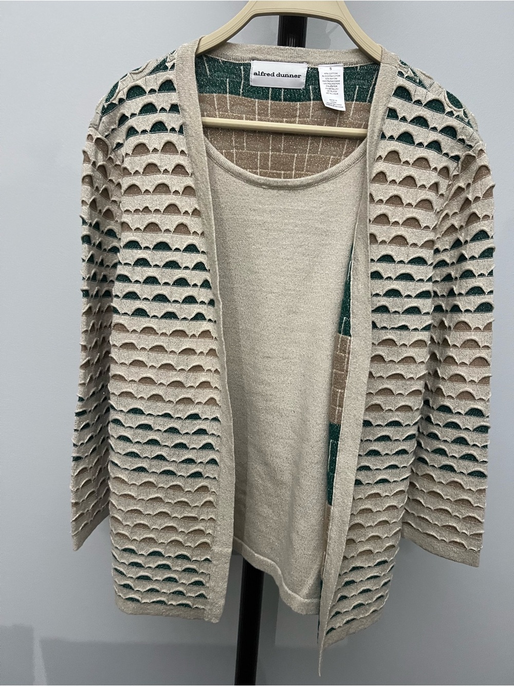 Alfred Dunner Beige and Green Open-Front Textured Cardigan